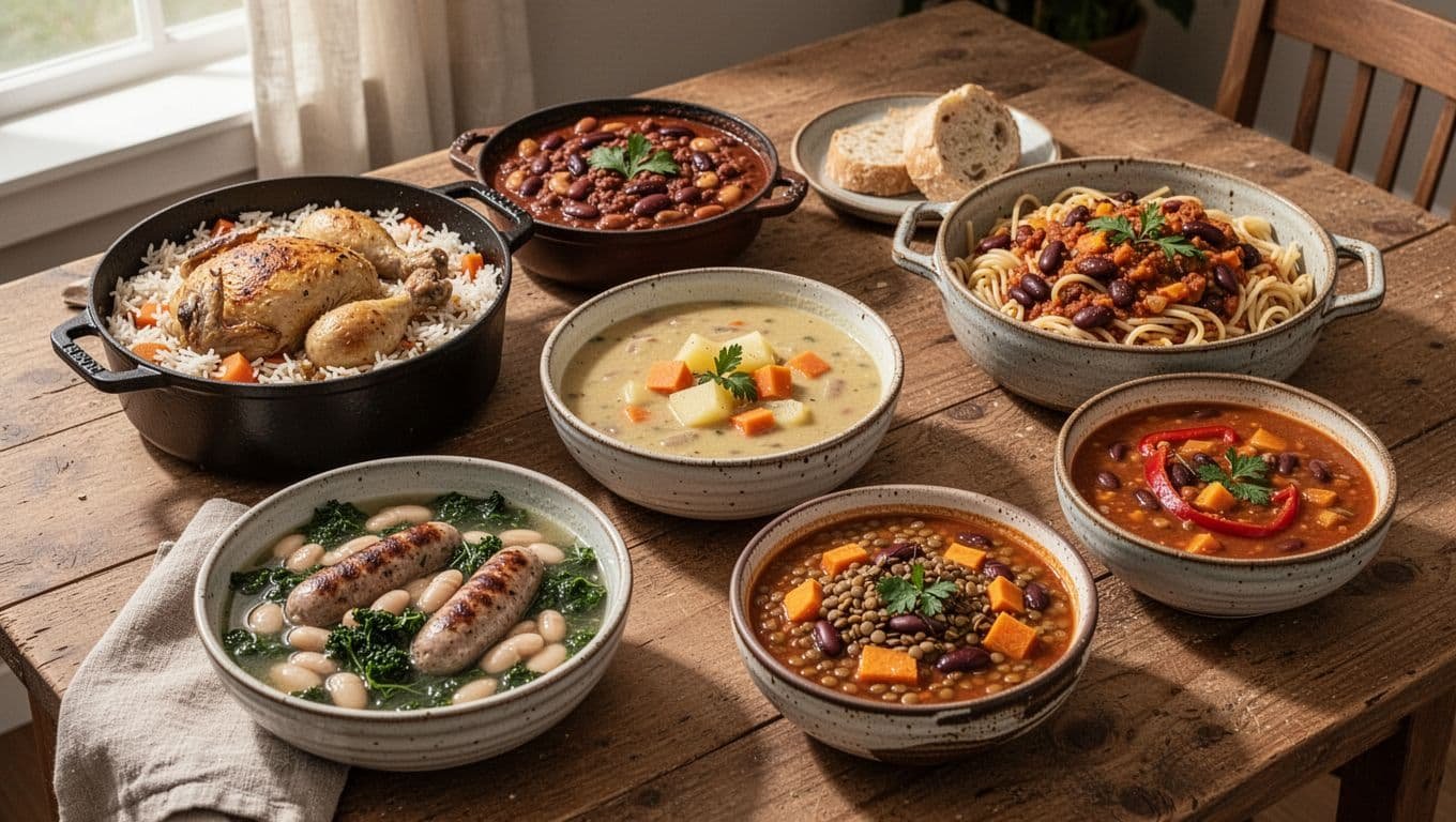 Seven bowls of cozy soups, stews, chili, and rice arranged on a rustic kitchen table.