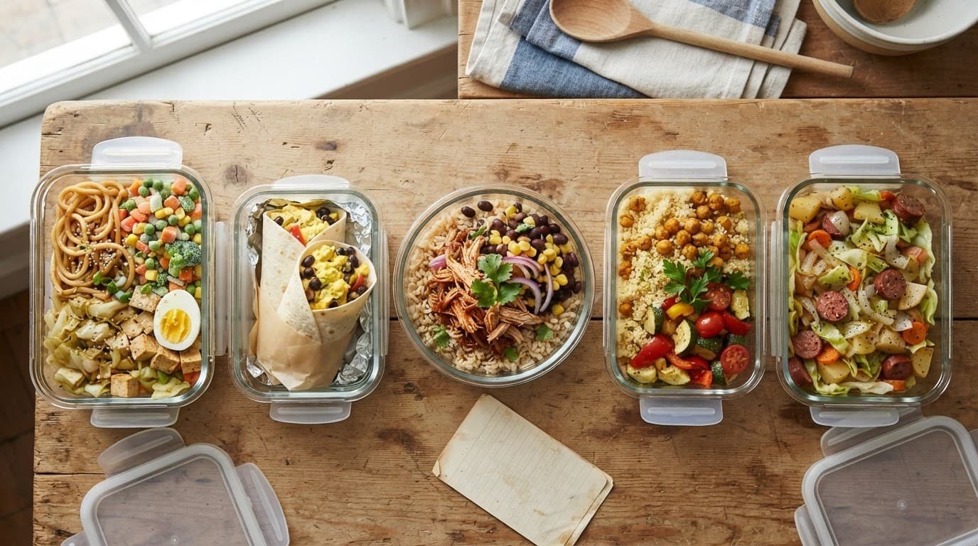 Five homemade lunches sit in reusable containers on a kitchen table.