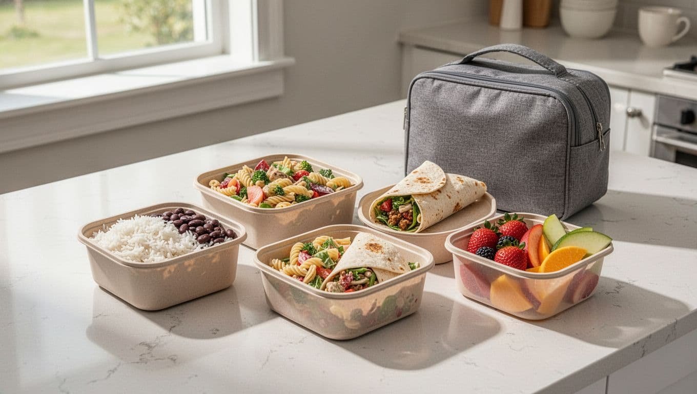 Reusable containers hold a wrap, pasta salad, rice, beans, and fruit beside an insulated lunch bag.