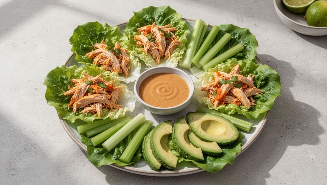 Buffalo chicken lettuce wraps with celery, avocado, and dipping sauce on a platter.