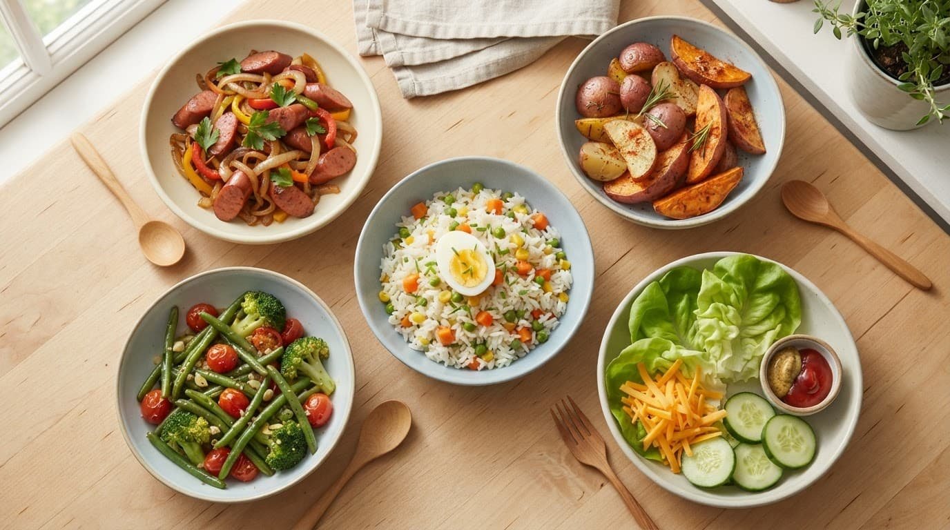 Overhead bunless hot dog meal components arranged on dishes.