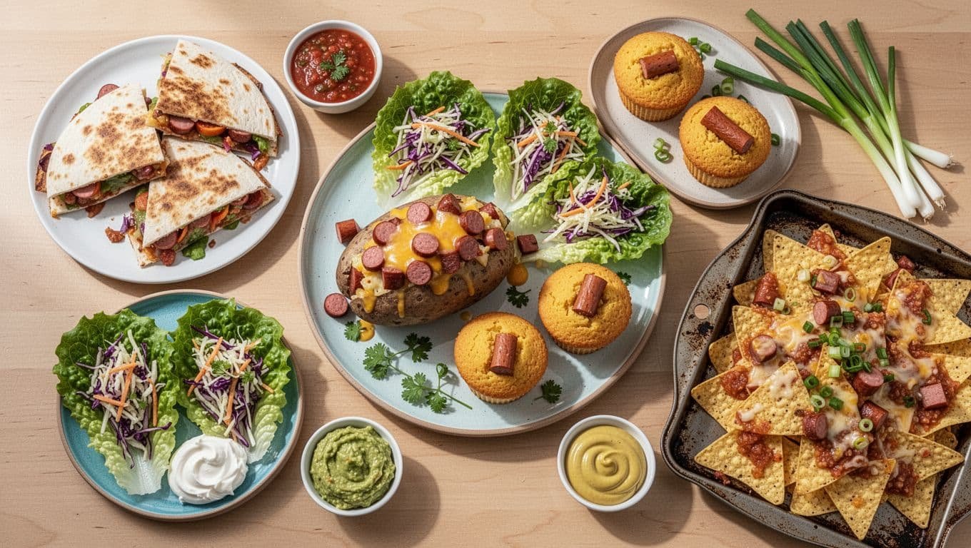 Five bunless hot dog dishes with dips on a kitchen table.