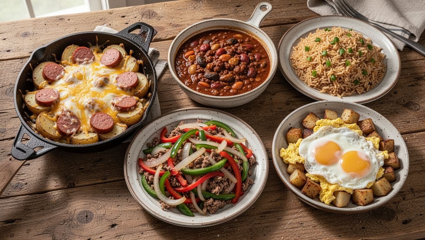 Separate dishes show cheesy potatoes, chili, fried rice, stir-fried vegetables, and hash with eggs.