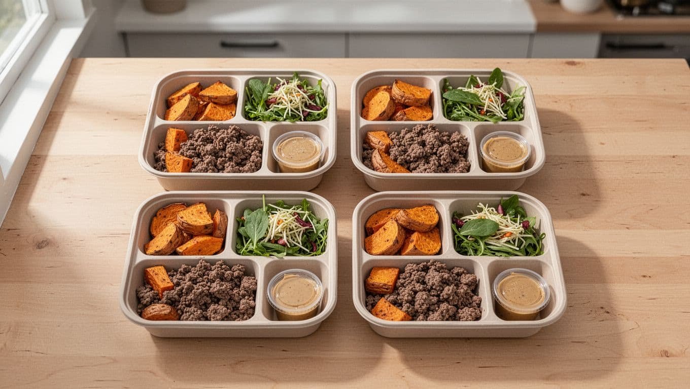 Four meal-prep containers hold beef, sweet potatoes, greens, toppings, and sauce cups.