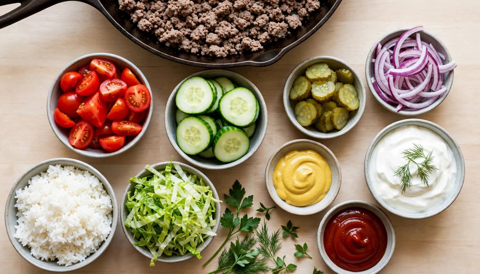 Bowls of rice, meat, vegetables, sauces, and herbs beside a skillet.