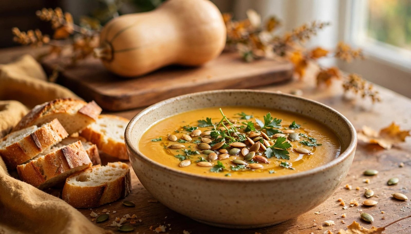 A bowl of squash soup with pumpkin seeds, parsley, and crusty bread on a warm kitchen table.