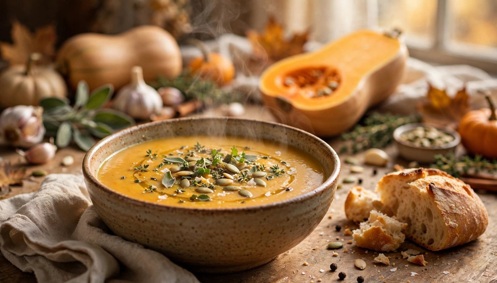 A bowl of squash soup with pumpkin seeds, herbs, bread, and a linen napkin.