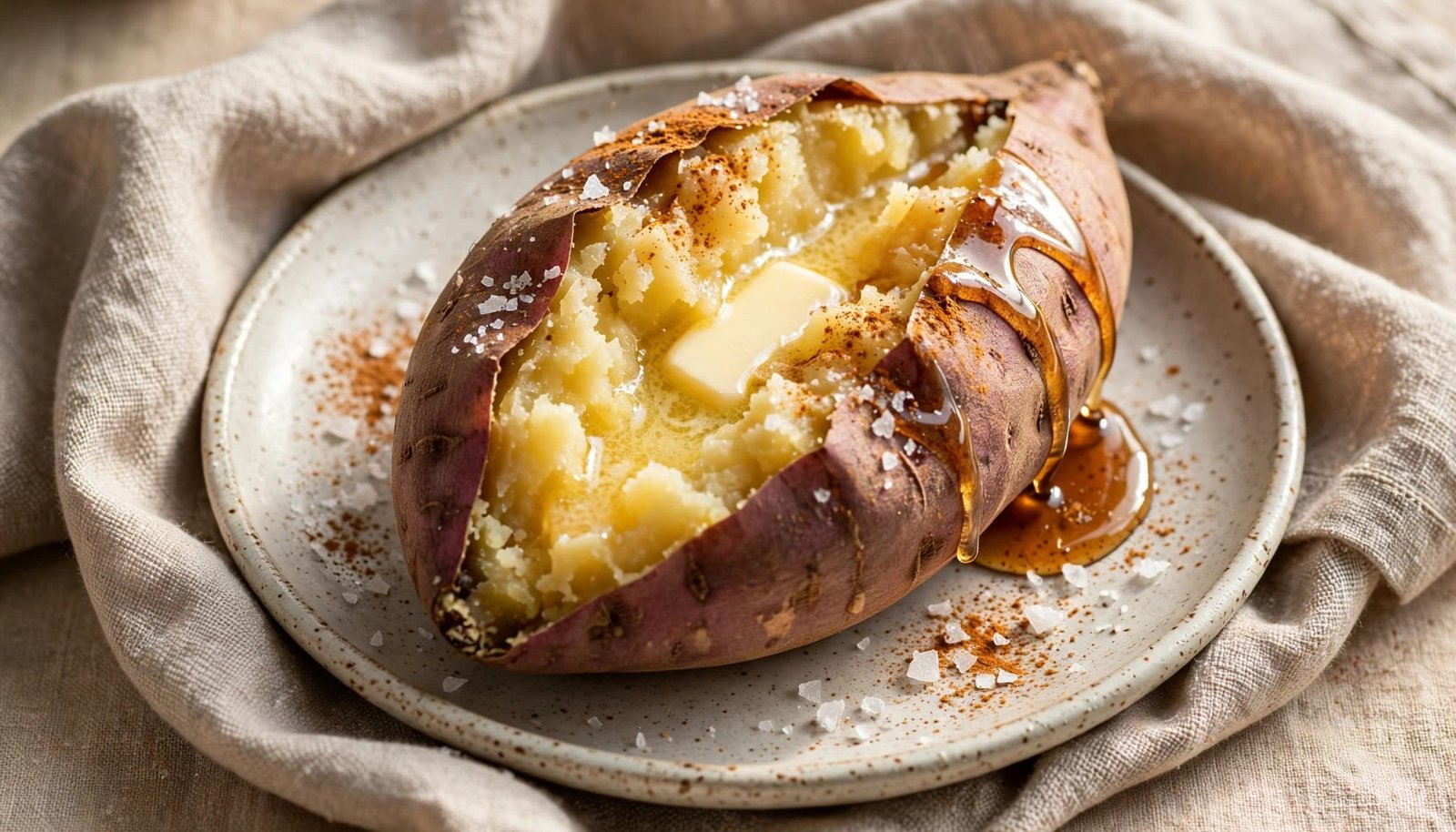 Split Japanese sweet potato with melting butter, cinnamon, salt, and maple syrup on a plate.