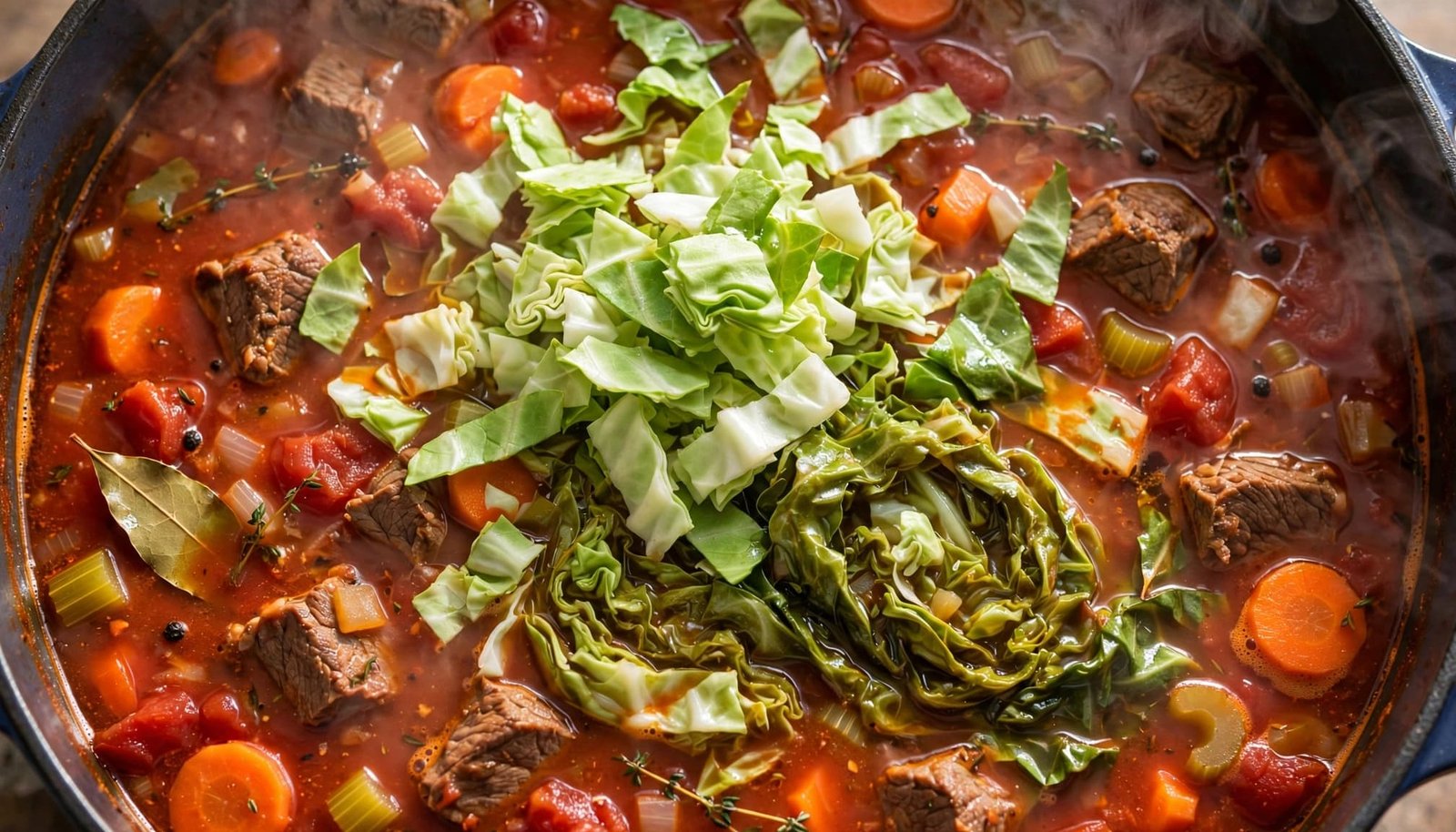 Chopped cabbage wilts into a steaming pot of tomato-based beef soup.