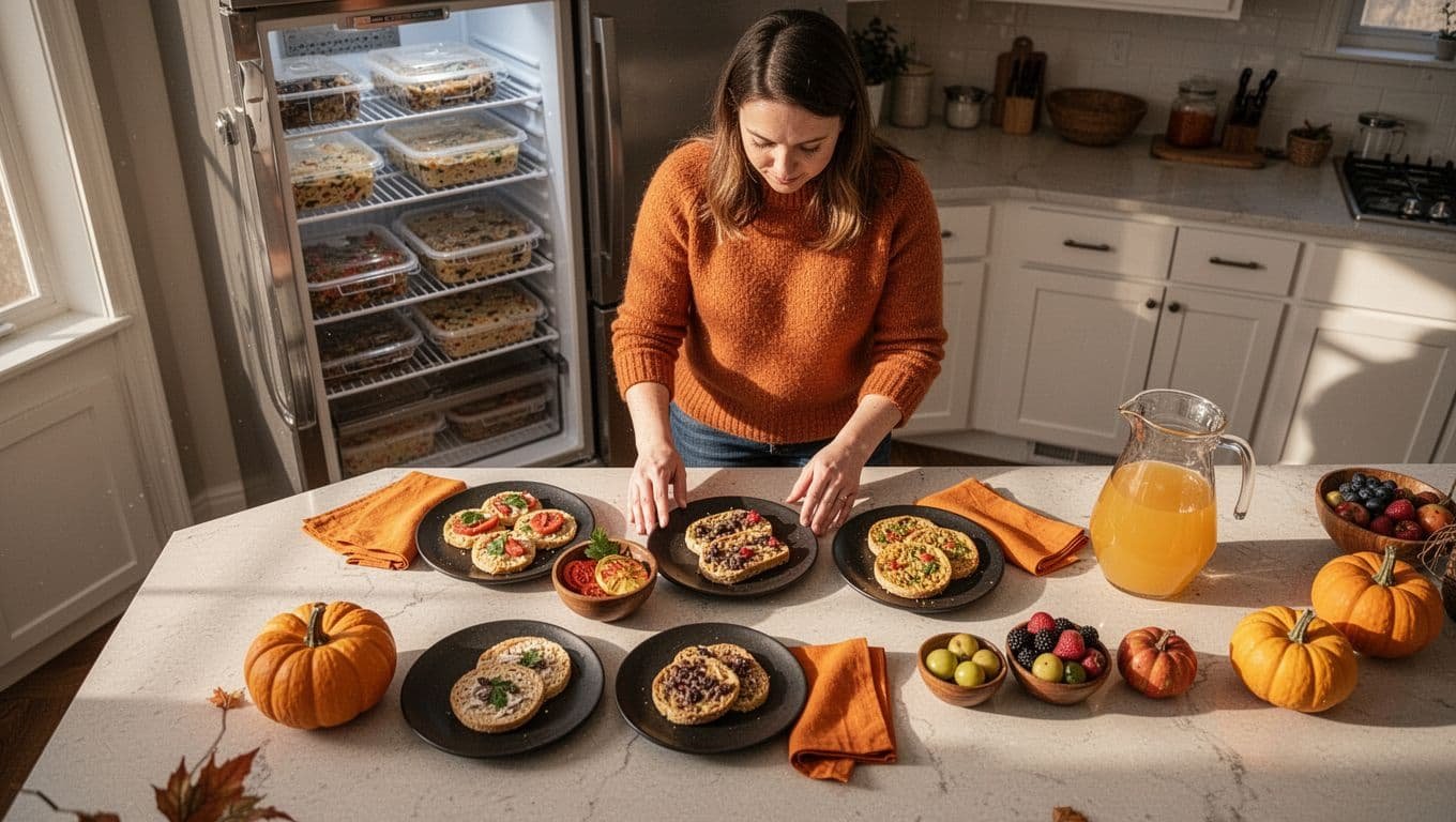 Person planning a Halloween brunch with plates, fruit, pumpkins, and covered dishes in the kitchen.