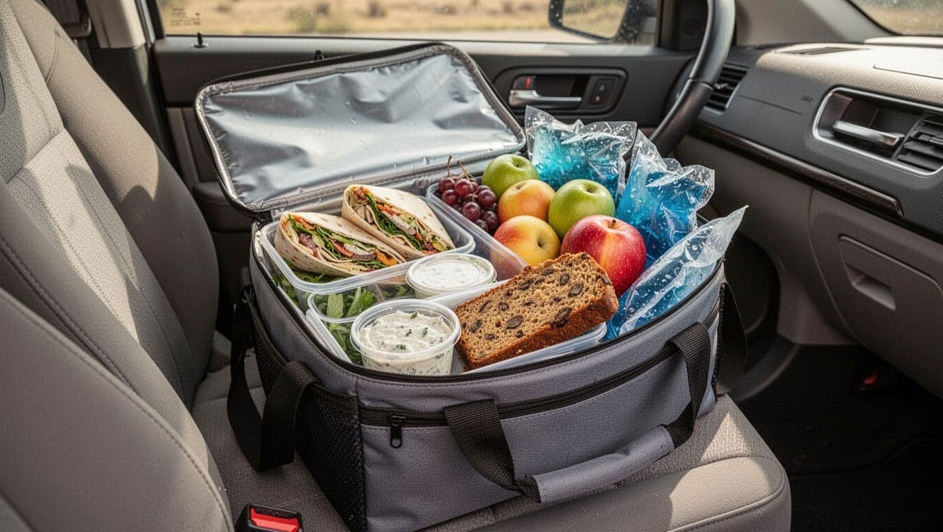 Insulated lunch bag with wraps, fruit, dip cups, gel packs, and banana zucchini bread.