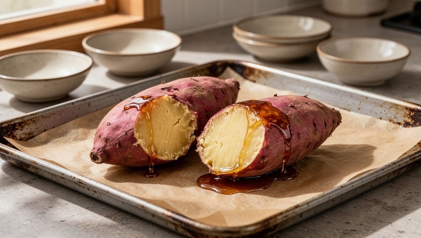 Two baked Japanese sweet potatoes, including one split open to reveal a soft golden center.