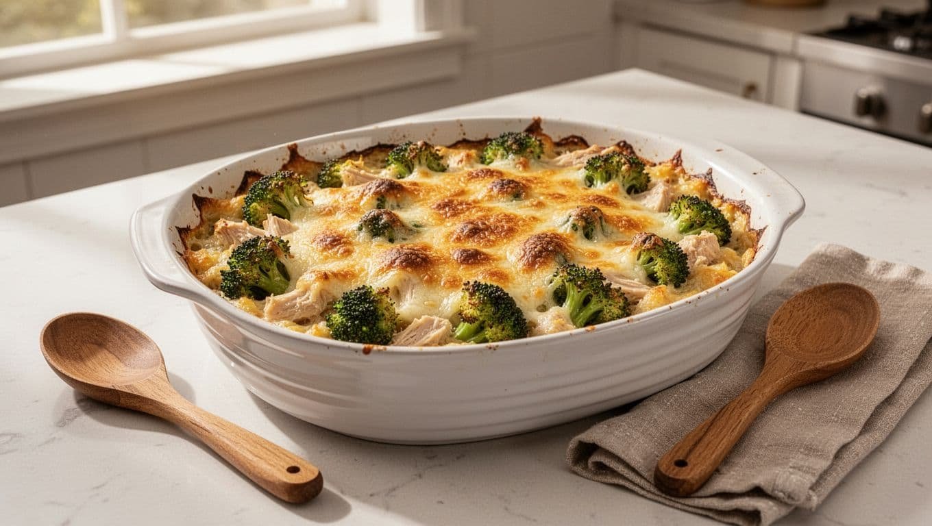 Bubbling chicken and broccoli casserole in a white dish beside a wooden spoon.