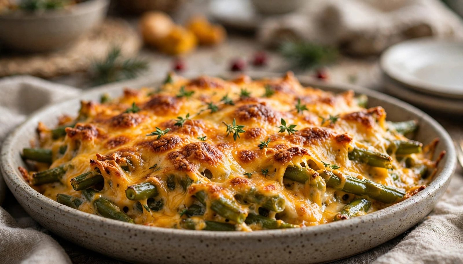 Cheesy green bean casserole in a stoneware dish on a holiday buffet.