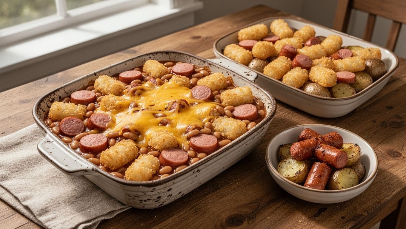 Two hot dog dishes with cheese, baked beans, tater tots, and roasted potatoes on a kitchen table.