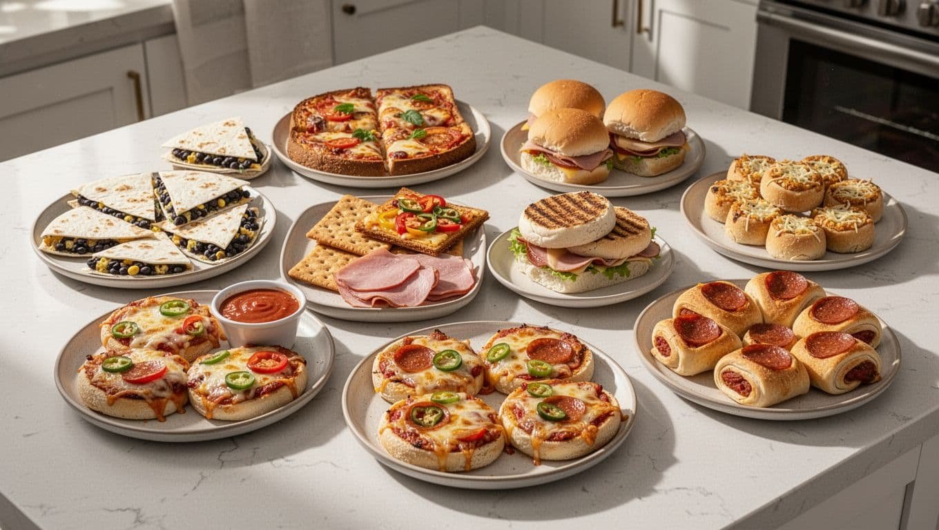 Small plates hold assorted cheesy pizza-style snacks.