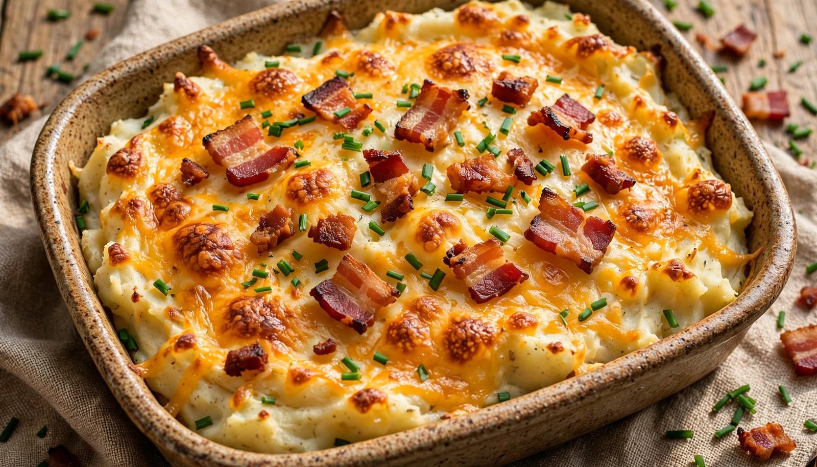 Cheesy mashed potatoes in a rustic dish topped with bacon and chives.