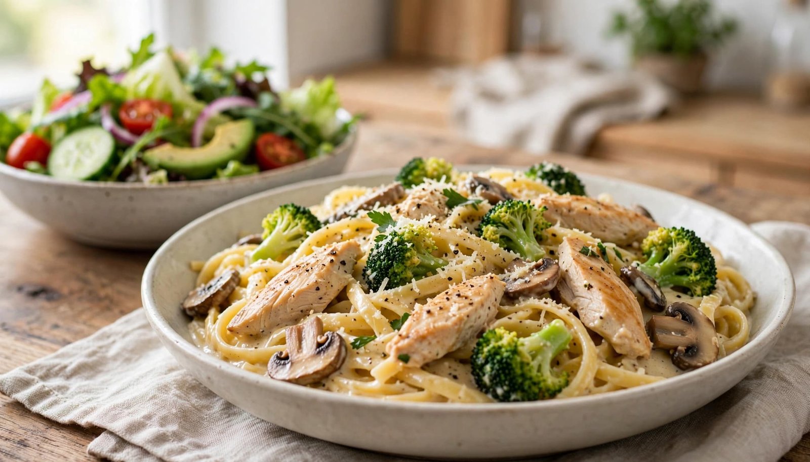 Chicken Alfredo with broccoli and mushrooms beside a small bowl of green salad.