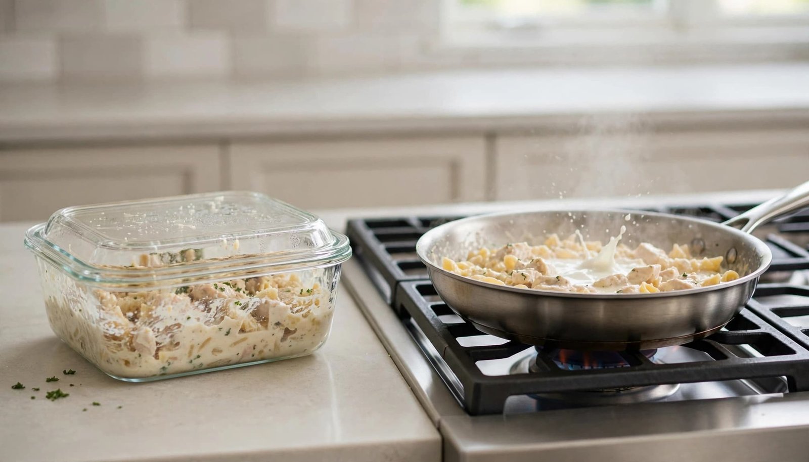 Covered chicken Alfredo container beside a skillet reheating pasta with milk.