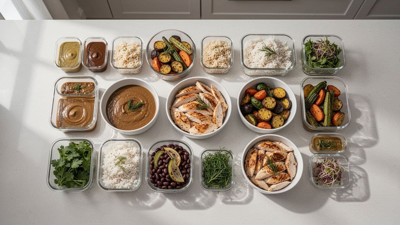 Chicken bowls and separate meal-prep ingredients arranged on a kitchen island.