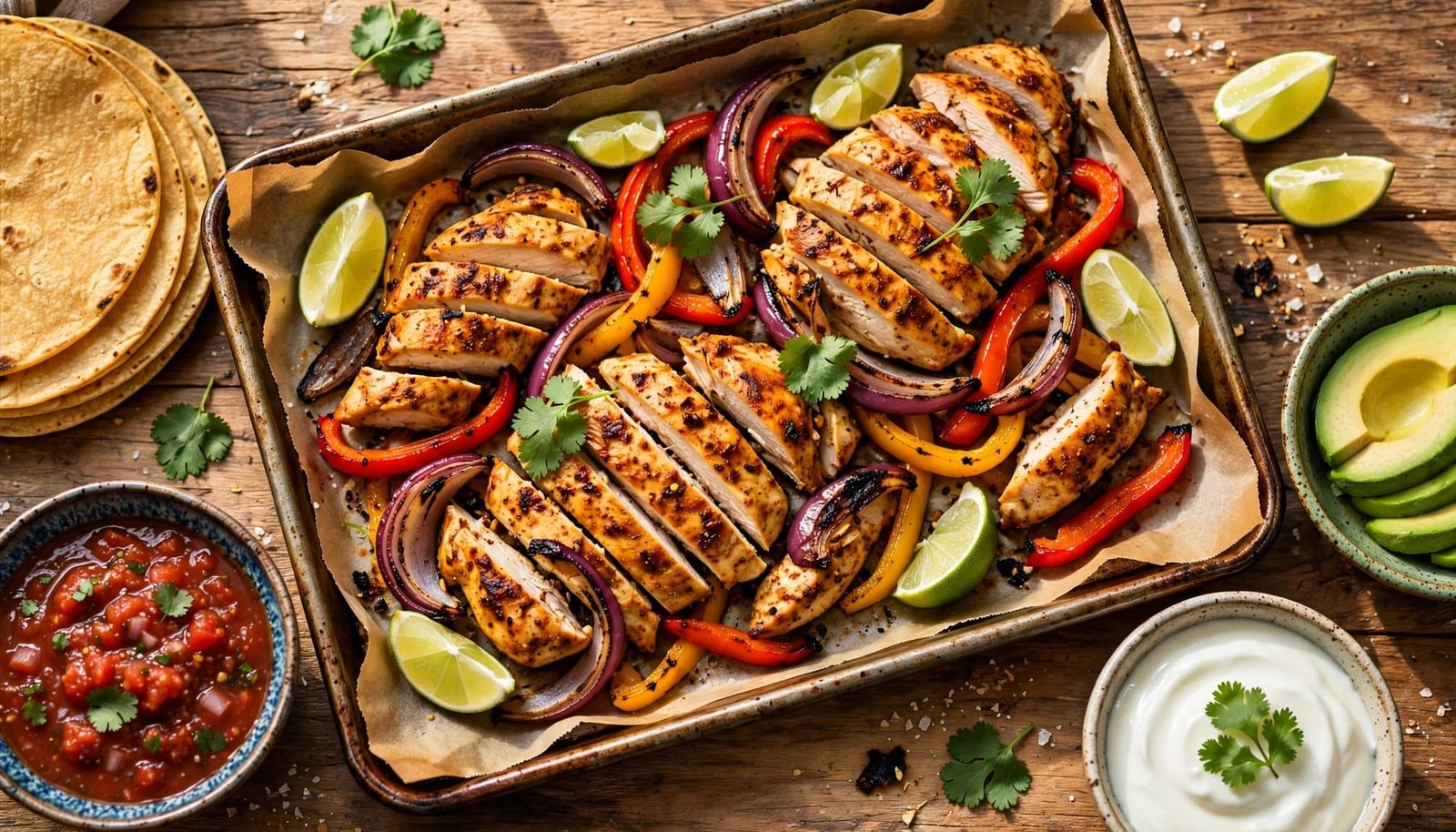 Roasted chicken with peppers and onions on a sheet pan beside tortillas and toppings.
