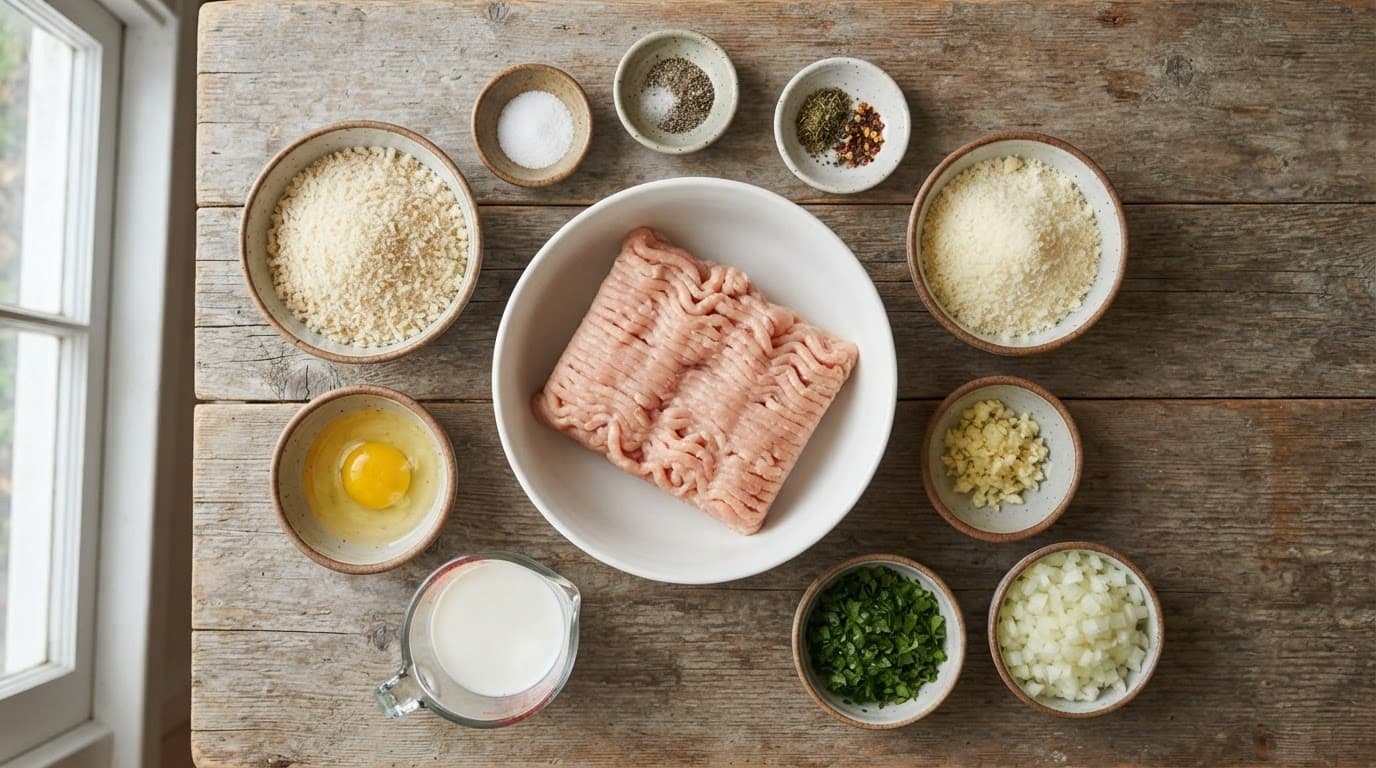 Bowls of chicken, breadcrumbs, cheese, vegetables, and seasonings on a rustic counter.