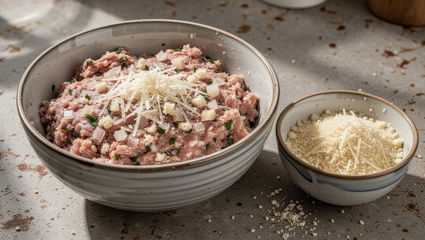 Ground chicken meatloaf mixture beside a bowl of panko and Parmesan topping.