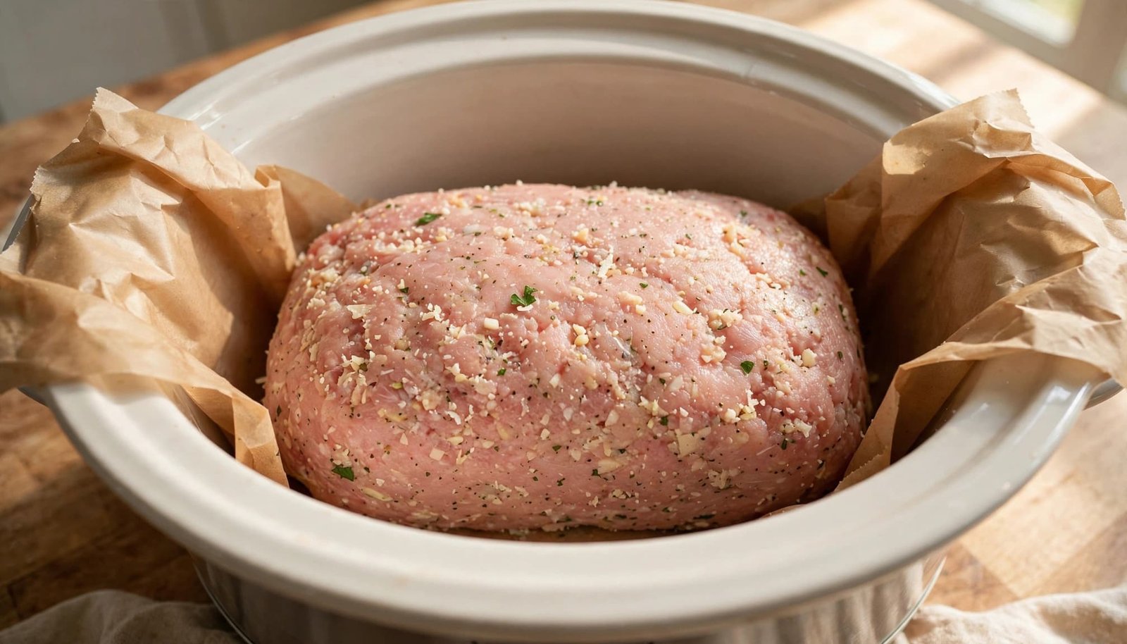 Raw chicken meatloaf sits in a slow cooker with parchment visible at the sides.