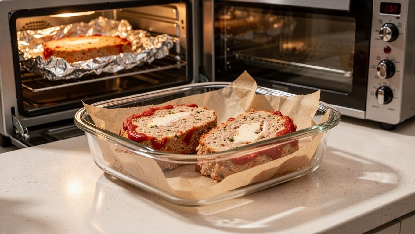 Chicken Parmesan meatloaf slices stored in glass with parchment beside a foil-covered slice reheating in an oven.