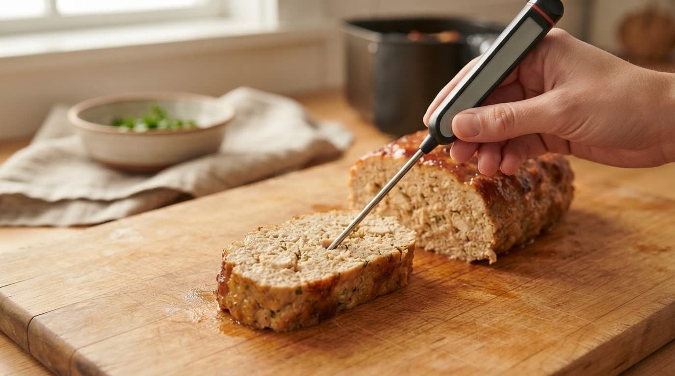A thermometer checks the center of a sliced chicken meatloaf beside the remaining loaf.