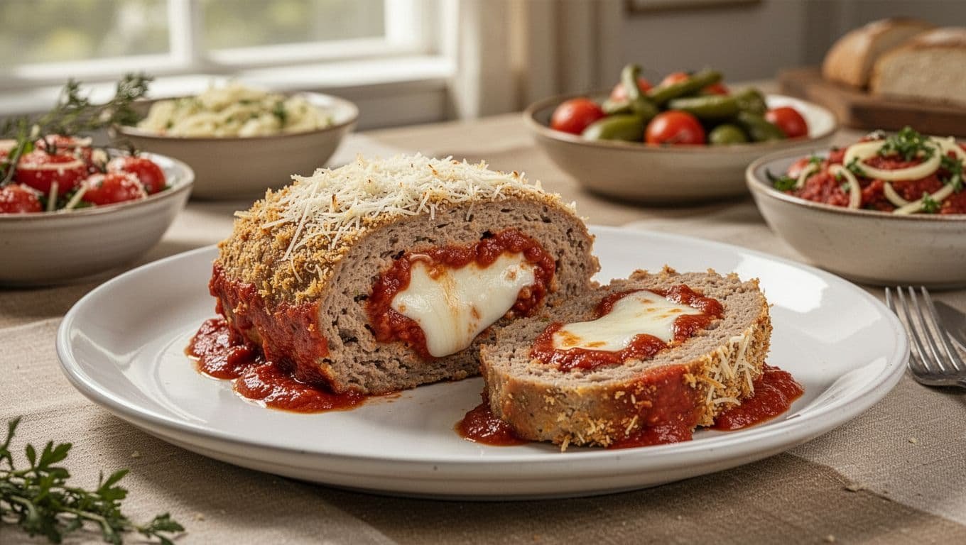 Sliced chicken Parmesan meatloaf with melted cheese on a white platter.