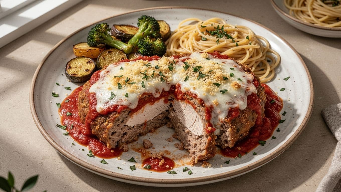 Sliced chicken Parmesan meatloaf with marinara, melted cheese, vegetables, and pasta.