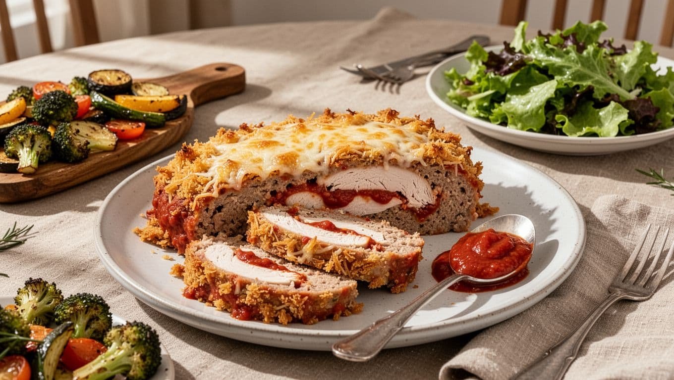 Sliced chicken Parmesan meatloaf served with marinara, roasted vegetables, and green salad.