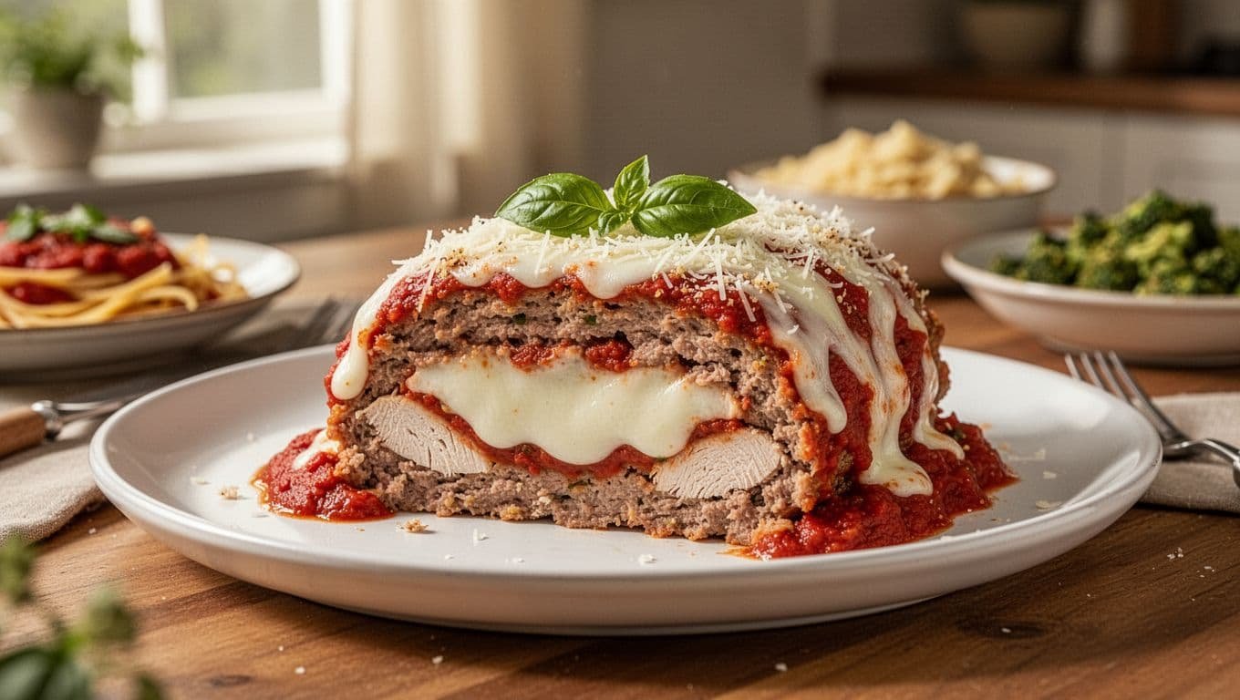 Sliced chicken Parmesan meatloaf with mozzarella, marinara, and basil on a platter.