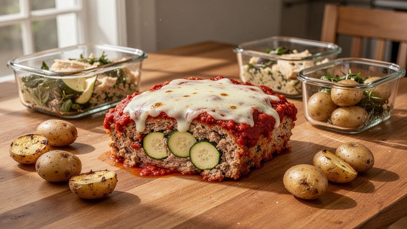 Chicken Parmesan meatloaf with roasted potatoes, zucchini, and meal-prep containers on a kitchen table.