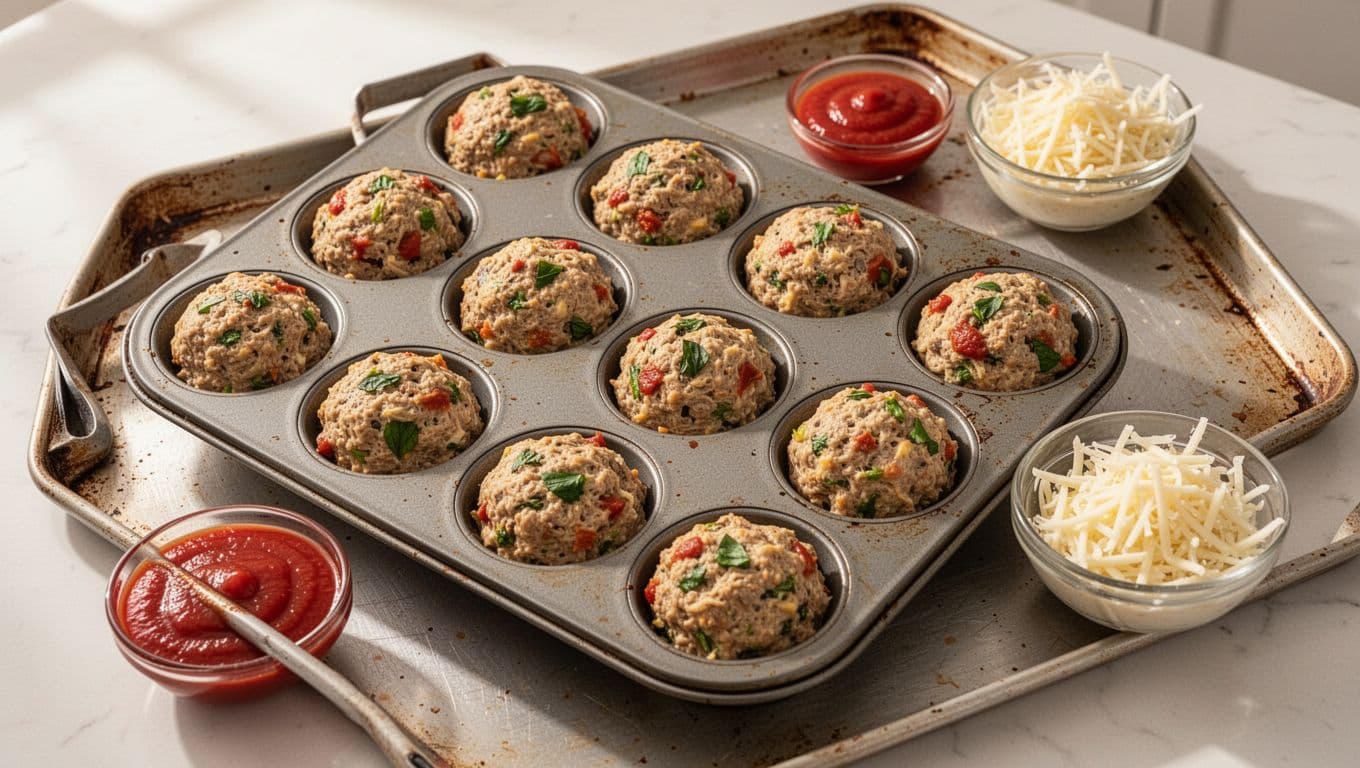 Twelve chicken meatloaf muffins in a pan with marinara and mozzarella nearby.