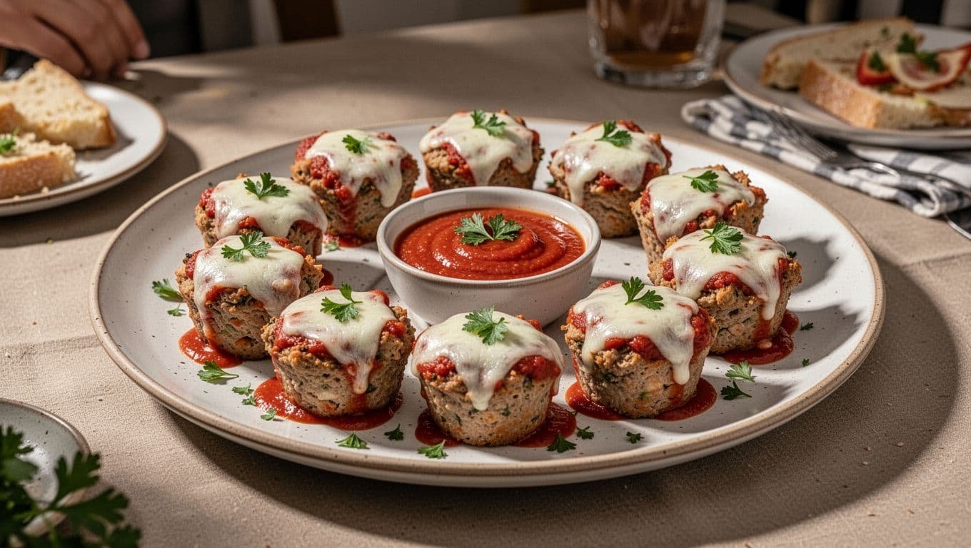 Mini chicken Parmesan meatloaf bites with marinara sauce on a serving platter.