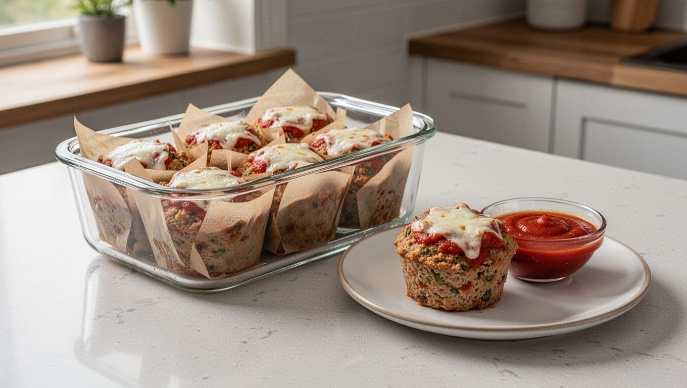 Glass container of meatloaf muffins with one portion and marinara on a plate.