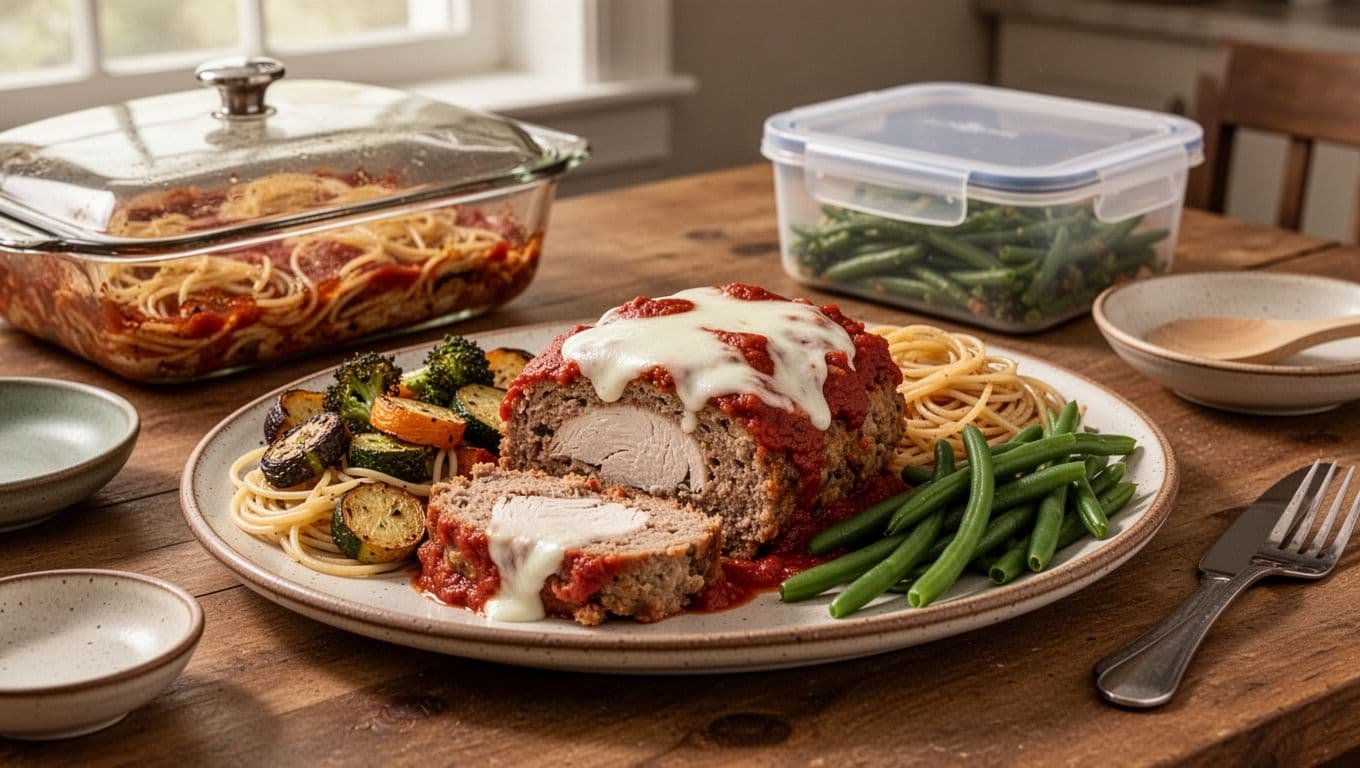 Sliced chicken Parmesan meatloaf with pasta, vegetables, and leftover containers on a kitchen table.