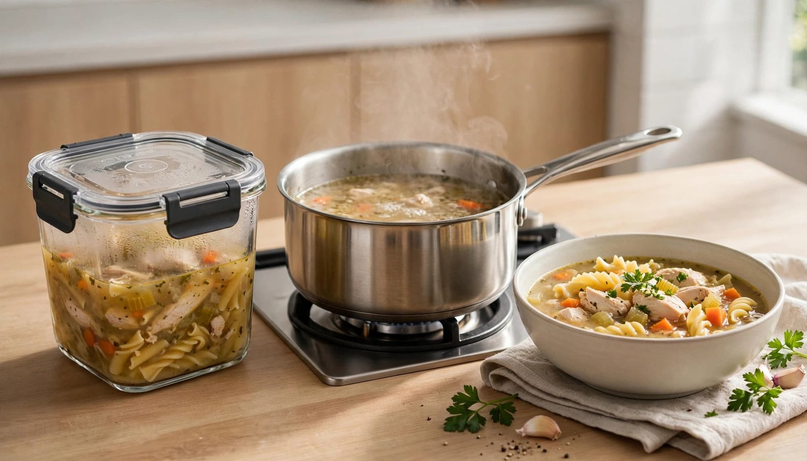 Stored chicken pasta soup beside a saucepan and empty serving bowl.