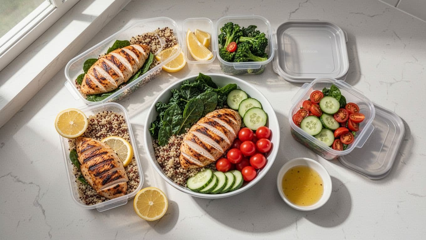 Chicken quinoa bowl with greens, vegetables, lemon wedges, and dressing containers.