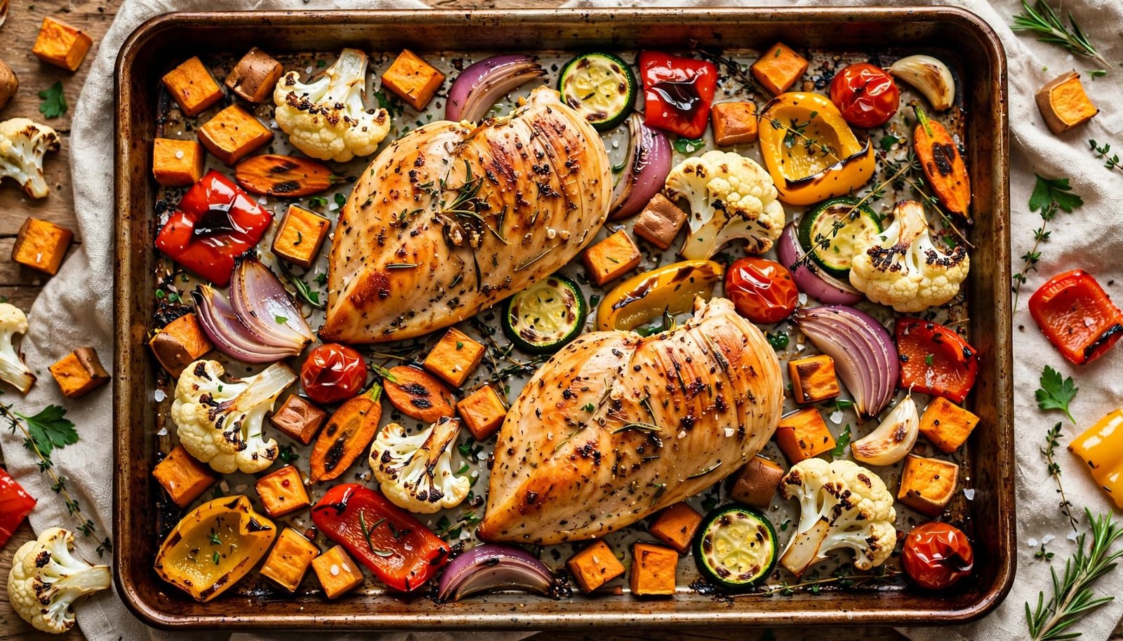 Roasted chicken with sweet potatoes, cauliflower, and colorful vegetables on one sheet pan.