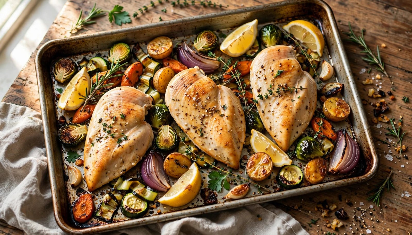 Chicken, roasted vegetables, lemon wedges, and herbs on one pan.