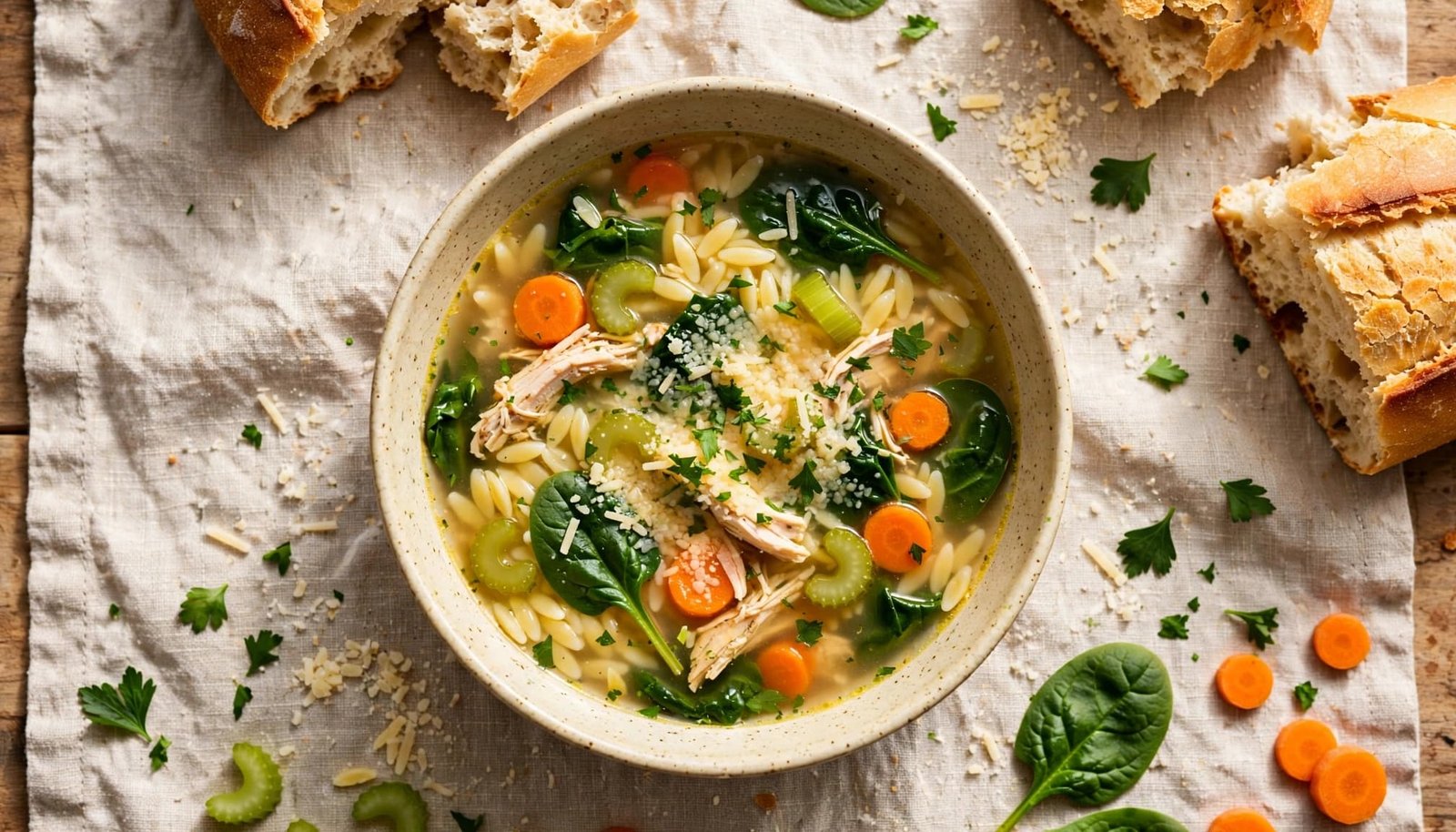 A bowl of chicken soup with pasta, vegetables, Parmesan, and bread nearby.