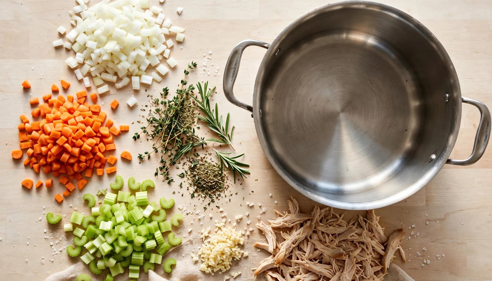 Chopped vegetables, herbs, and chicken arranged beside a large soup pot.