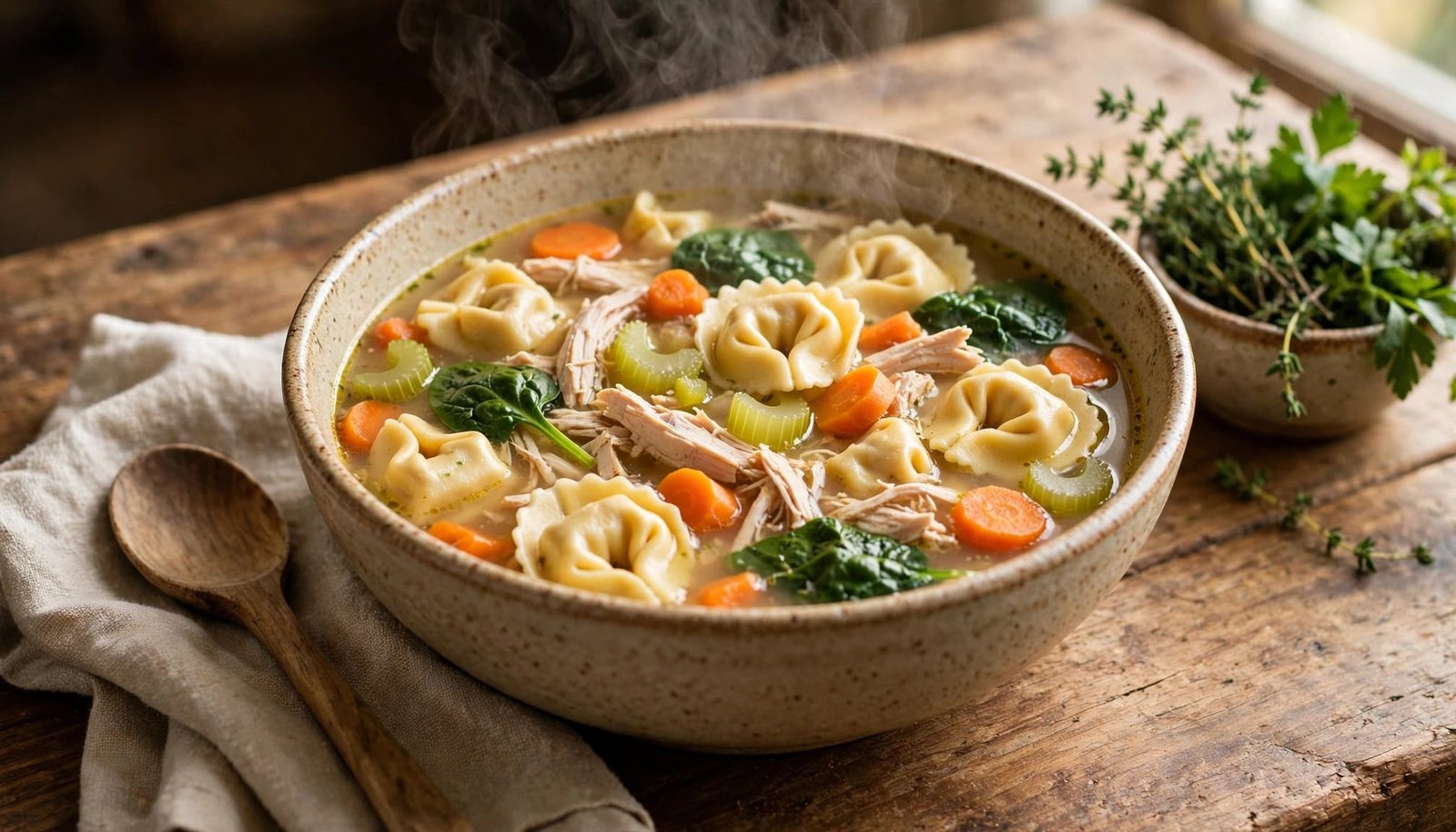A bowl of chicken tortellini soup with vegetables on a rustic kitchen table.