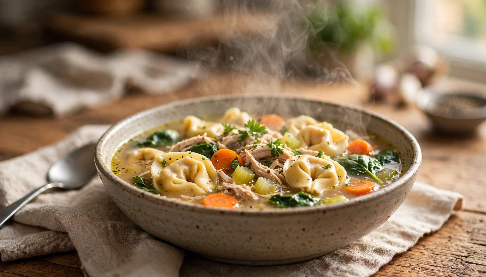 A bowl of chicken tortellini soup with vegetables, parsley, a napkin, and spoon.