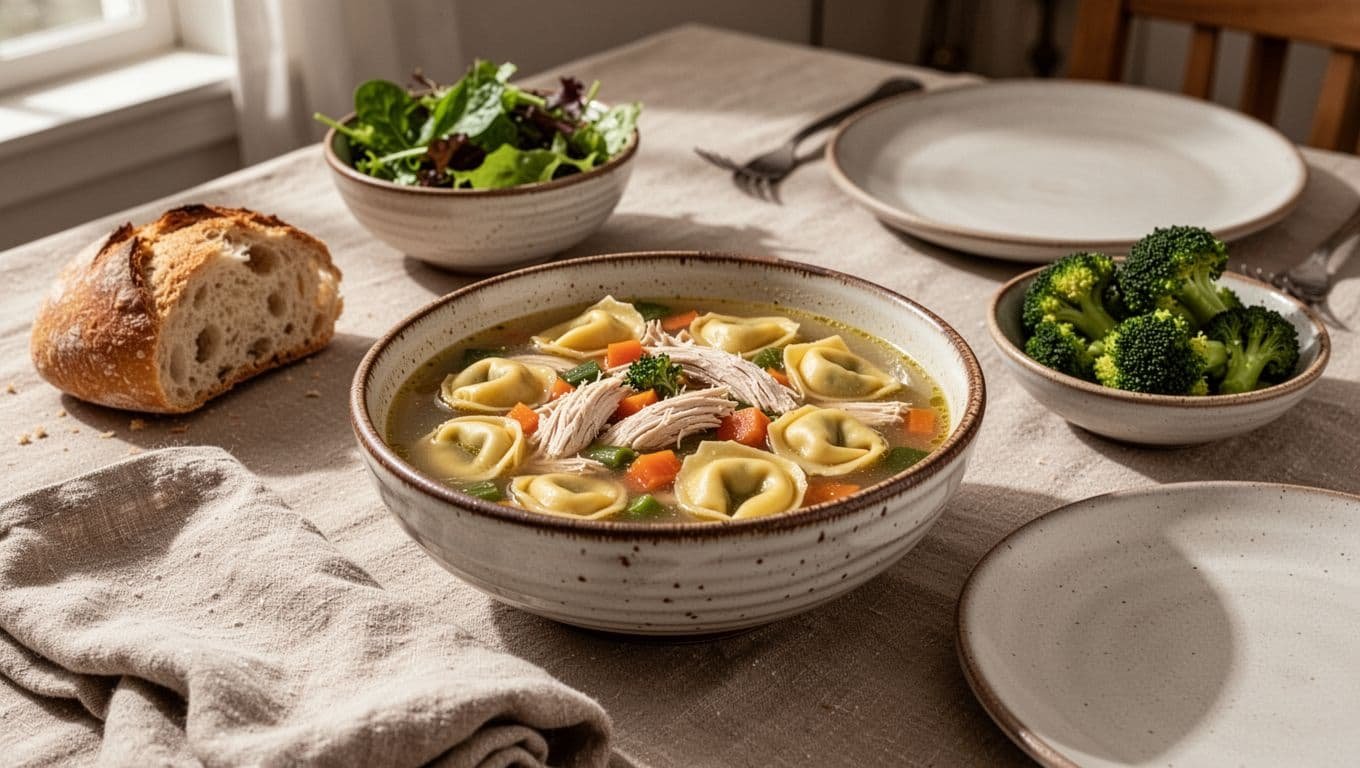 Chicken tortellini soup with bread, salad, and broccoli on a family dinner table.