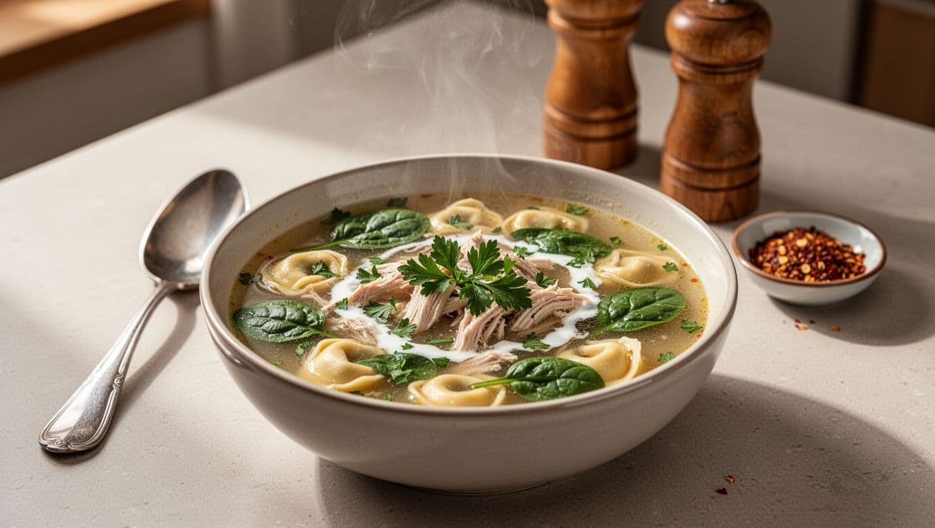 Chicken tortellini soup with spinach, parsley, cream, and seasonings on a kitchen table.