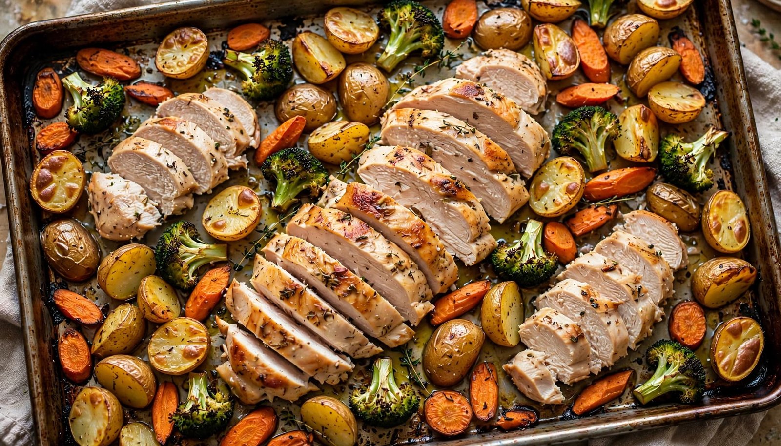 Sliced chicken with potatoes, carrots, and broccoli on a sheet pan.